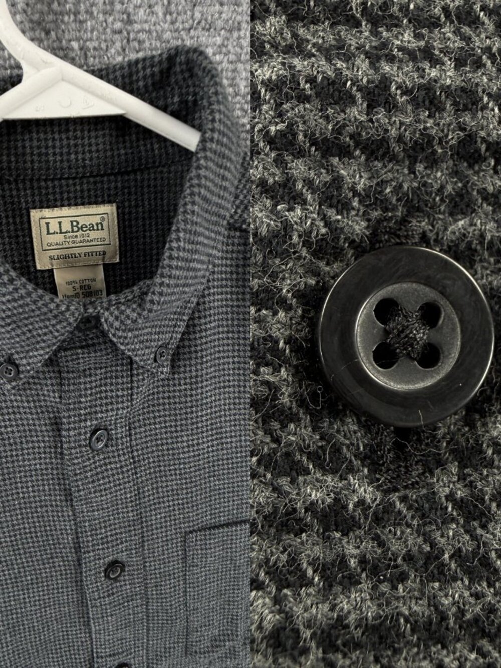 LL Bean Gray Houndstooth Flannel Button Up Shirt Long Sleeve 508103 Cotton Small